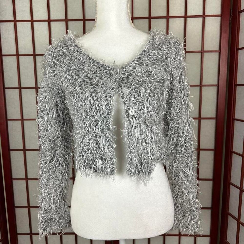 Vintage 90s Betsey Johnson Grey Fuzzy Shaggy Cropped Cardigan Medium